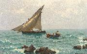 Morgenstimmung an der Adria mit Fischerbooten und Langustenfischern. Im Vordergrund felsige Kuste., Julius Ludwig Friedrich Runge